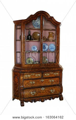 Beautiful old wooden bureau with marquetry on a white background.