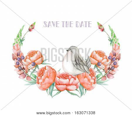 Illustration, wreath with watercolor cute bird, red peonies and lupine flowers, hand drawn isolated on a white background, invitation, greeting card
