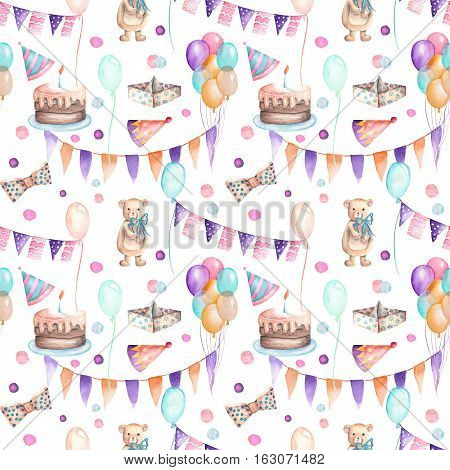 Seamless party pattern with garland of the flags, confetti, cake, air balloons, bows and gifts; hand painted in watercolor on a white background