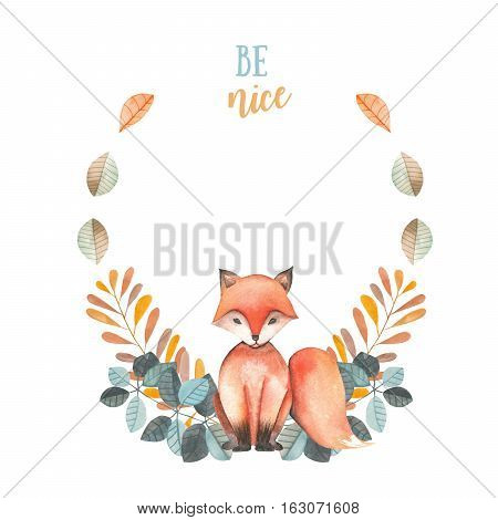 Illustration, wreath with watercolor fox, blue and orange plants, hand drawn isolated on a white background, invitation, greeting card