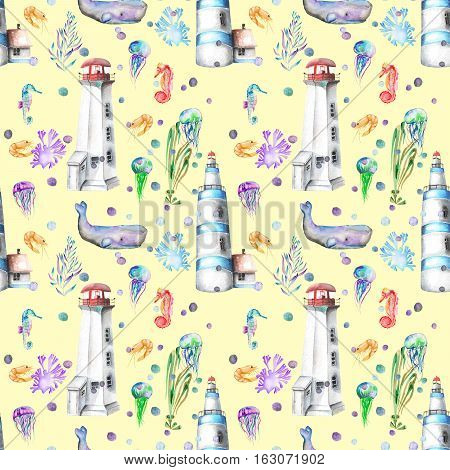 Seamless pattern with watercolor elements to the marine theme: lighthouses, whales, seahorses, jellyfishes and others marine elements; hand painted on a yellow background