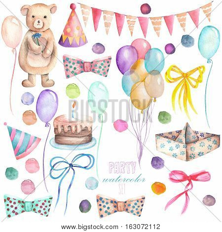 Watercolor party set in the form of isolated elements: garland of the flags, confetti, cake, air balloons, arrow, bows and gifts; hand painted on a white background