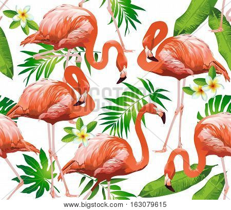 Flamingo Bird and Tropical Flowers Background - Seamless pattern vector