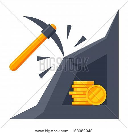Cryptocurrency mining concept with pickaxe, coins in mountains