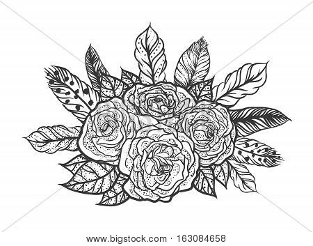 Blackwork tattoo of rose and feathers bouquet. Very detailed vector illustration. Boho design for print, posters, t-shirts. Hand drawn