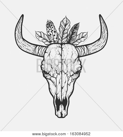 Bull skull with feathers native Americans tribal style. Dotted Tattoo blackwork. Vector hand drawn illustration. Boho design