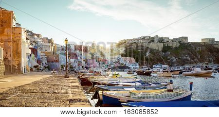 Panorama of Corricella village on Procida Island in Italy