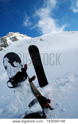 Two snowboards in snow, mountain parnassos, greece