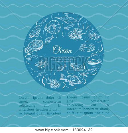 Seafood concept. Template with fish silhouettes for menu or brochure. Vector illustration