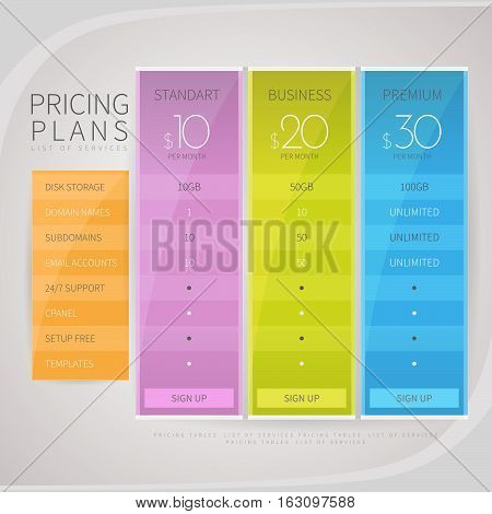Pricing Comparison Table Set For Commercial Business Web Services And Applications.