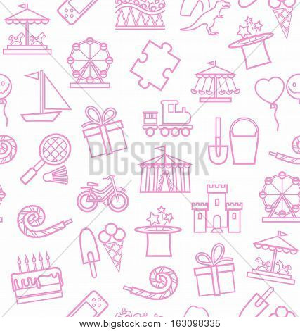 Children's entertainment and leisure, background, seamless, white, pink, contour. Vector background with objects for the entertainment of children. Pink linear image on a white field.