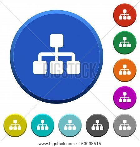 Network round color beveled buttons with smooth surfaces and flat white icons