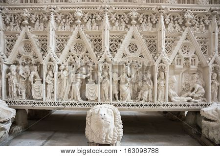 ALCOBACA, PORTUGAL - OCTOBER 16, 2015: The tomb of king Pedro I in the Alcobaca Monastery a Mediaeval Roman Catholic monastery located in the town of Alcobaca Portugal