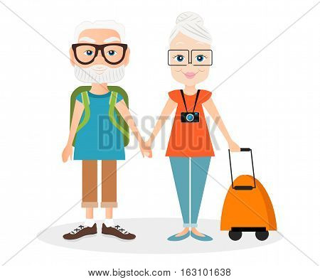 Grandfather And Grandmother With A Packsack Travel. Travelling With The Knapsack. Vector Illustratio