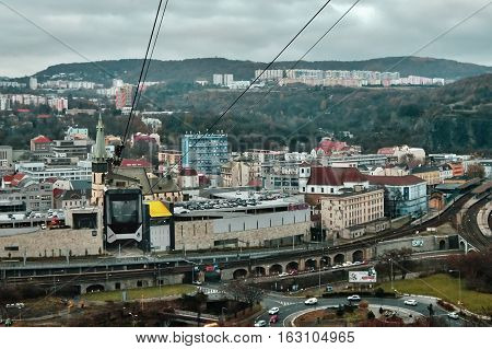 Usti nad Labem Ustecky kraj Czech republic - November 20 2016: evening view from Vetruse castle to Usti nad Labem city with cable car