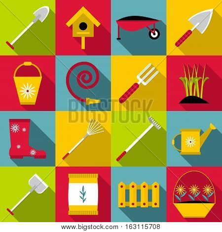 Gardener tools set. Flat illustration of 16 gardener tools vector icons for web