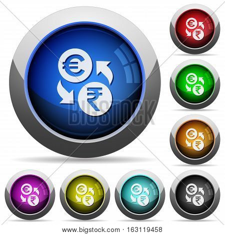 Euro Rupee exchange icons in round glossy buttons with steel frames
