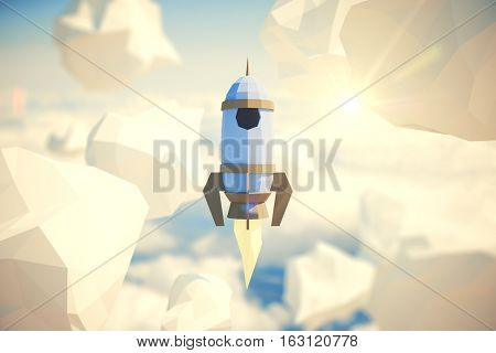 Abstract polygonal rocket ship and clouds in sky. Start up concept. 3D Rendernig