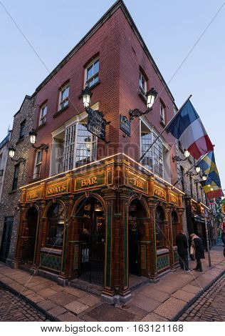 Dublin, Ireland - 26th Dec 2016: Temple Bar historic district., Dublin, Ireland, Christmas decoration at The Quays Bar