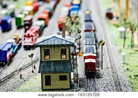 miniature toy model train locomotives on display