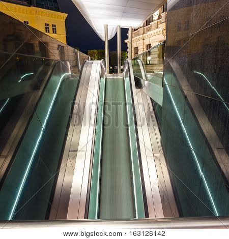Escalator in motion at night long time exposure