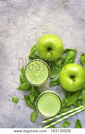 Spinach Apple Smoothie In A Mason Jar.top View With Copy Space.