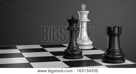 Chess Board with King Queen and Rook in Checkmate.