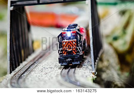 miniature toy model train locomotives on display