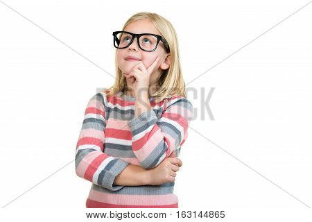 Adorable child in glasses thinking isolated on white.