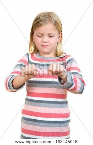 education, school and imaginary screen concept - cute little girl drawing in the air or imaginary screen