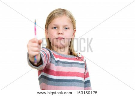 education, school and imaginary screen concept - cute little girl drawing in the air or imaginary screen
