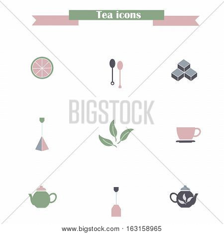 Set of flat colorful tea icons on white: tea spoons, lemon slice, sugar cubes, steam cups, teapots, tea bag, tea leafs, stock vector illustration