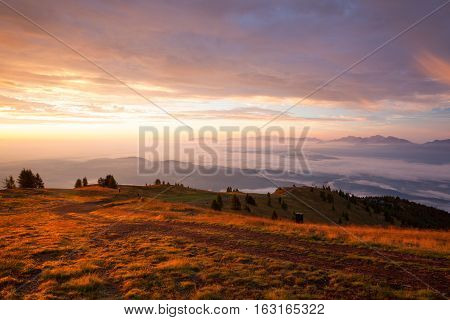 Amazing morning in Gerlitzen Apls in Austria.Inverse weather and view of the mountains in Slovenia.