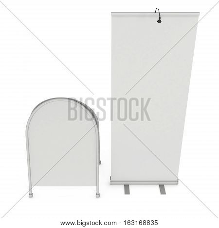 Blank Roll Up Expo Banner Stand and Sandwich board. Trade show booth white and blank. 3d render illustration isolated on white background. Template mockup for expo design. Blank menu outdoor display.