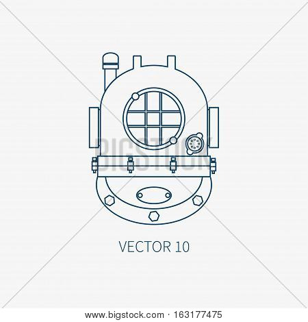 Line flat vector blue marine icon with nautical design elements - retro diving helmet. Cartoon style. Illustration , element for your design. Sea adventures. Ocean. Frogman. Aqualung. Abyssal. Naval.