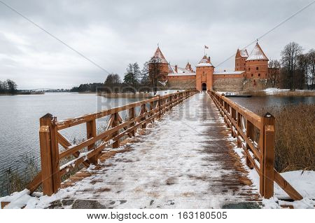 Trakai Castle Museum on the island in winter Trakai village Lithuania. Lithuanian landmark