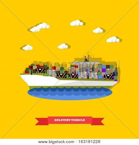 Delivery vehicle concept vector illustration in flat style. Delivery by ship. Logistics transportation.