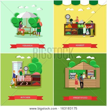 Vector set of shopping market posters, banners in flat style. Veranda, market, butcher, street food design elements in flat style. People selling and buying food.