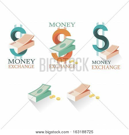 Vector illustration money exchange in flat style. Set of logo momey exchange. Different money and coins