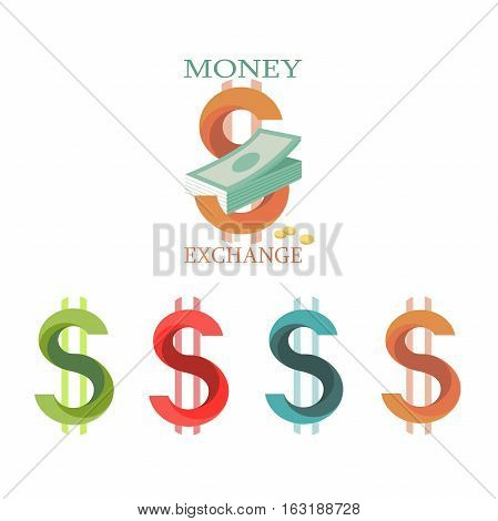 Vector illustration money exchange in flat style. Set of logo momey exchange. Different money and coins