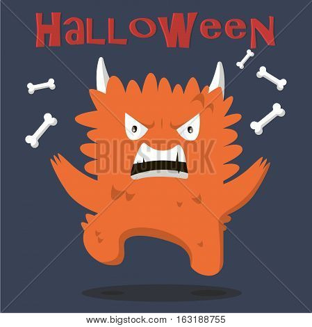 Halloween angry monster with bones in flat style