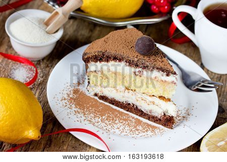 Chocolate lemon semolina cake homemade layer cake with semolina citrus cream delicious dessert