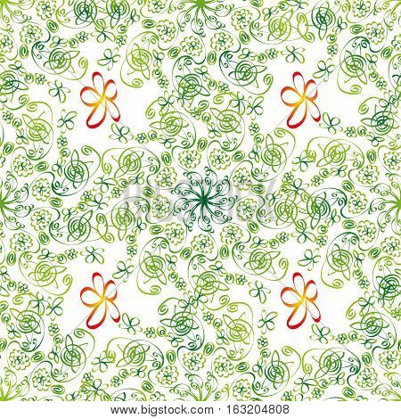 Spring pattern vector seamless. Fresh green pattern with spring flowers .