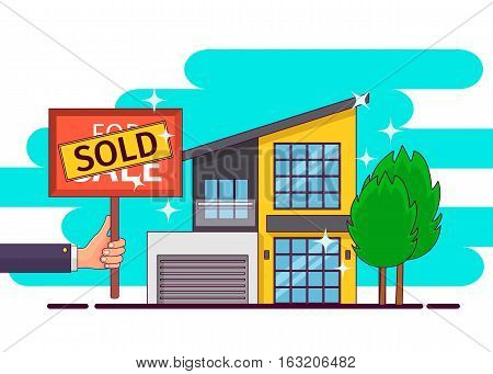 Real estate. Hand holding sold sign. Vector illustration