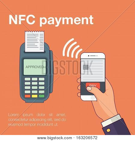Mobile payments with smartphone. Near field communication payment terminal concept. Online transactions, paypass and NFC. Cartoon flat style vector illustration