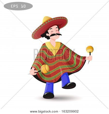 Cartoon Mexican man in a sombrero and poncho with maracases