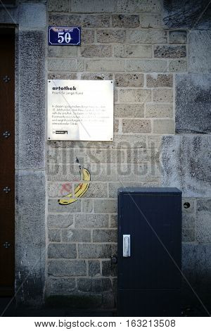 COLOGNE, GERMANY - NOVEMBER 24: The sign of the art exhibition Artothek for young art in the gothic House Saaleck on November 24, 2016 in Cologne.