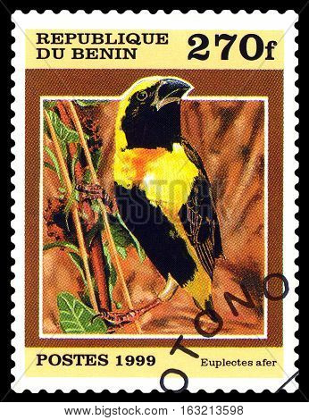 STAVROPOL RUSSIA - October 31 2016: A stamp printed by Benin shows bird an Euplectes Afe circa 1999