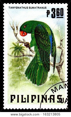 STAVROPOL RUSSIA - December 11 2016: A stamp printed by Philipines shows bird an Blue-backed parrot (Tanygnathus Sumatranus) circa 1984