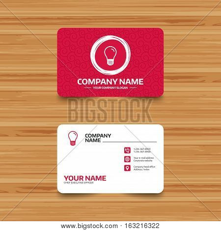 Business card template with texture. Light bulb icon. Lamp E27 screw socket symbol. Led light sign. Phone, web and location icons. Visiting card  Vector